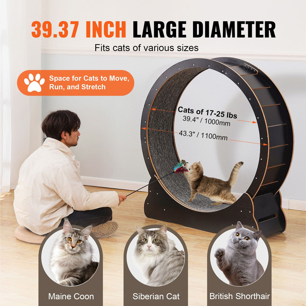 Wooden Cat Exercise Wheel, 43.3" Large Cat Treadmill Wheel for Indoor Cats, Cat Running Wheel with Detachable Carpet & Cat Teaser for Running/Walking/Training, Suitable for Most Cats