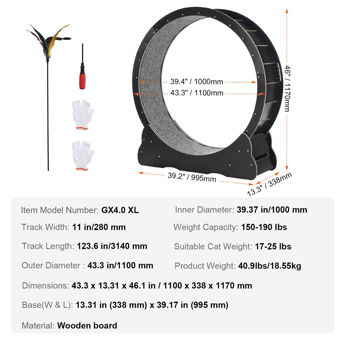Wooden Cat Exercise Wheel, 43.3" Large Cat Treadmill Wheel for Indoor Cats, Cat Running Wheel with Detachable Carpet & Cat Teaser for Running/Walking/Training, Suitable for Most Cats
