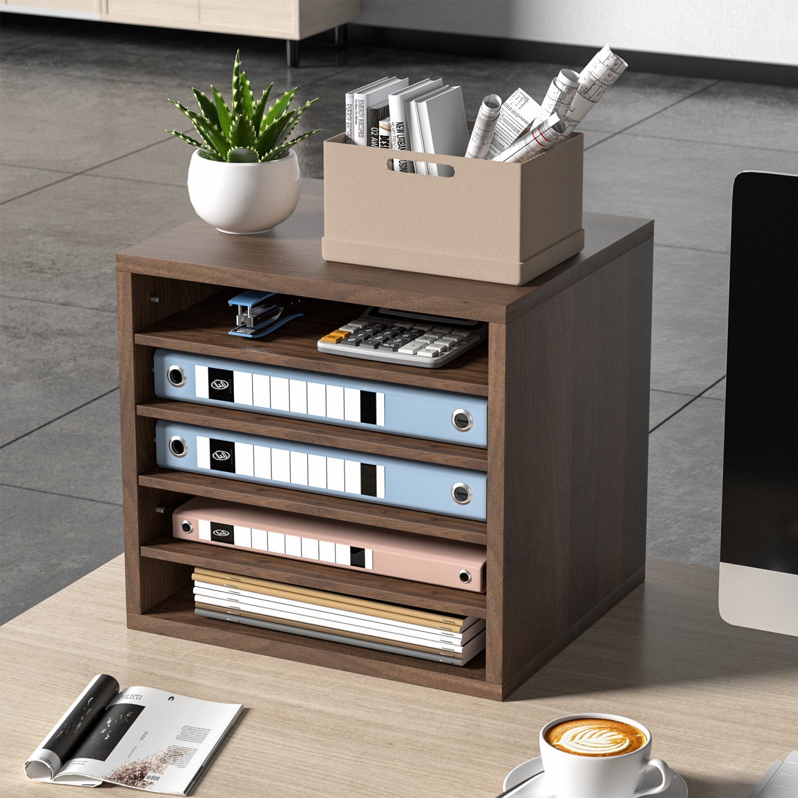 VEVOR Wood Literature Organizer Adjustable File Sorter 5 Compartments Brown