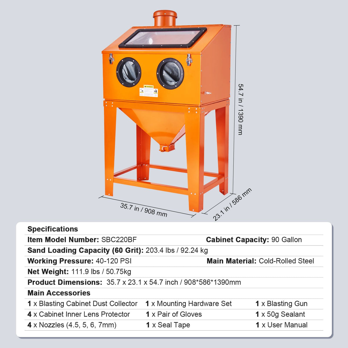 90 Gallon Sandblasting Cabinet with 1.8 Gallon Dust Collection System, 40-120PSI Sand Blasting Cabinet with Stand, Heavy Duty Sand Blaster with Blasting Gun & 4 Nozzles for Paint, Rust Removal