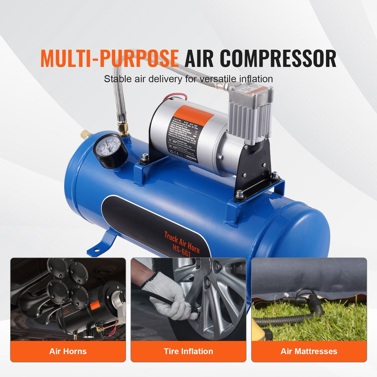 12V Air Compressor with Tank 1.6 Gallon/6 L, Train Horn Air Compressor, 120 psi Working Pressure Onboard Air Compressor System for Train Air Horns, Inflating Tires, Air Mattresses