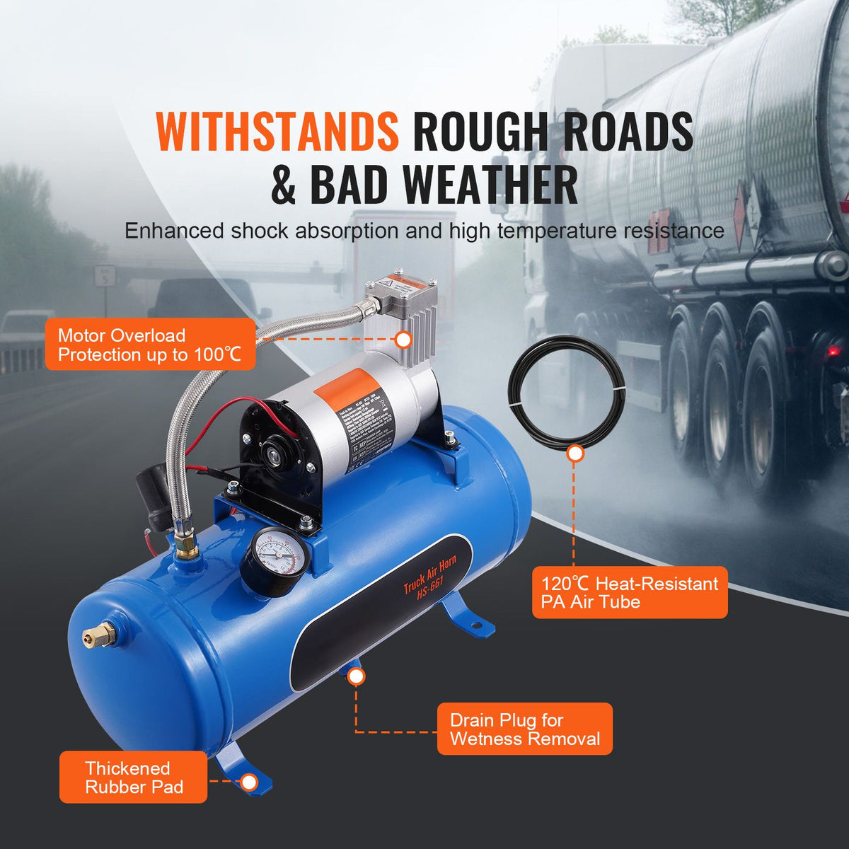 12V Air Compressor with Tank 1.6 Gallon/6 L, Train Horn Air Compressor, 120 psi Working Pressure Onboard Air Compressor System for Train Air Horns, Inflating Tires, Air Mattresses