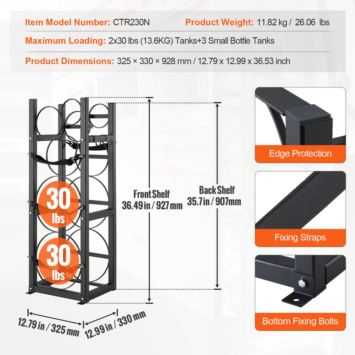 Refrigerant Tank Rack, with 2 x 30lbs and Other 3 Small Bottle Tanks, Cylinder Tank Rack 12.79x12.99x47.12 in, Refrigerant Cylinder Rack and Holders for Freon, Gases, Oxygen, Nitrogen
