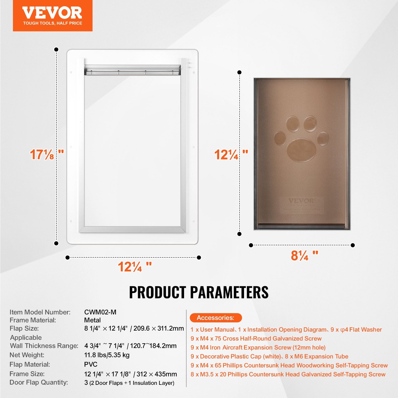 VEVOR Pet Door, 31.2 x 43.5 cm Metal Frame with Lock and 3-Flap System, Weatherproof Doggy Door, Easy to Install in Interior or Exterior Walls, Pet Door Suitable for Cat Doggie Kitties (White-Medium)