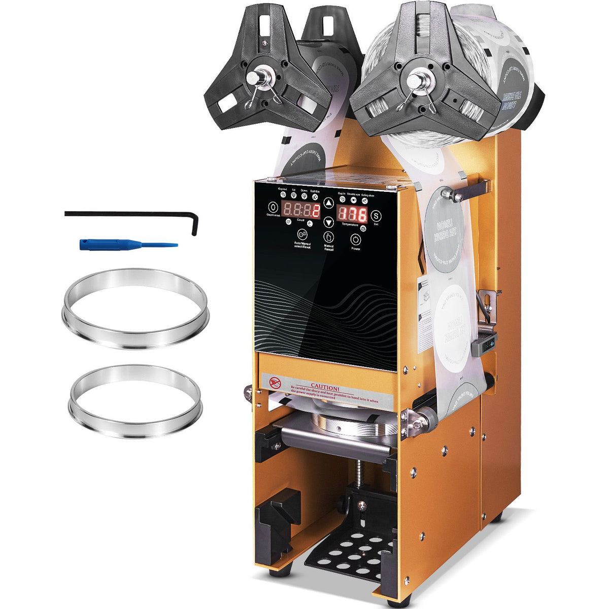 Fully Automatic Cup Sealing Machine, 500-650 Cups/H, Cup Sealer Machine for 180 mm Tall & 90/95 mm Cup, Electric Boba Tea Sealer with Digital Control LCD Panel for Bubble Milk Tea Coffee, Gold