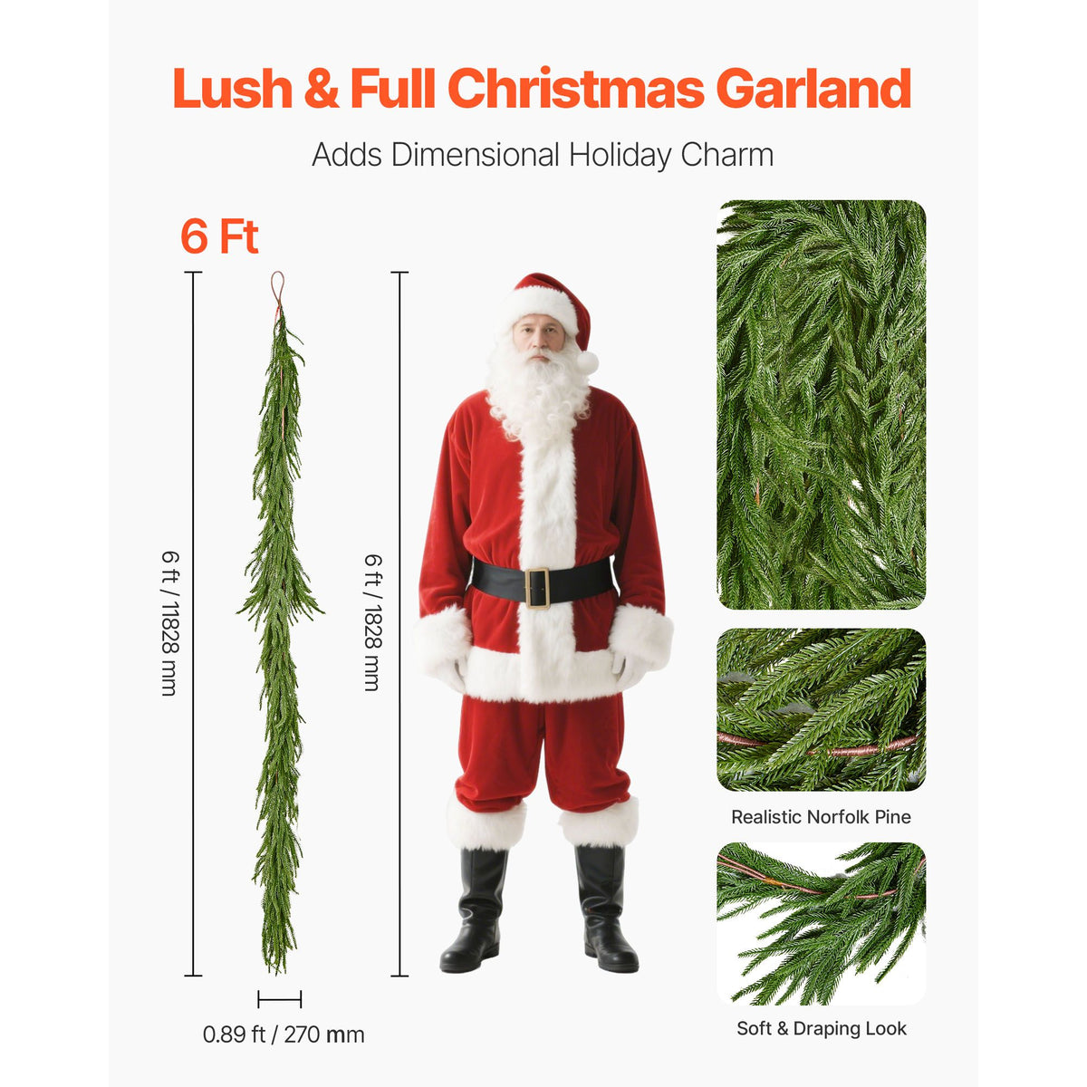Christmas Garland, 1828 mm Realistic Norfolk Pine Garland, Evergreen Real Touch Artificial Faux Greenery Garlands, for Holiday Indoor Outdoor Xmas Decoration on Table, Mantel, and Fireplace