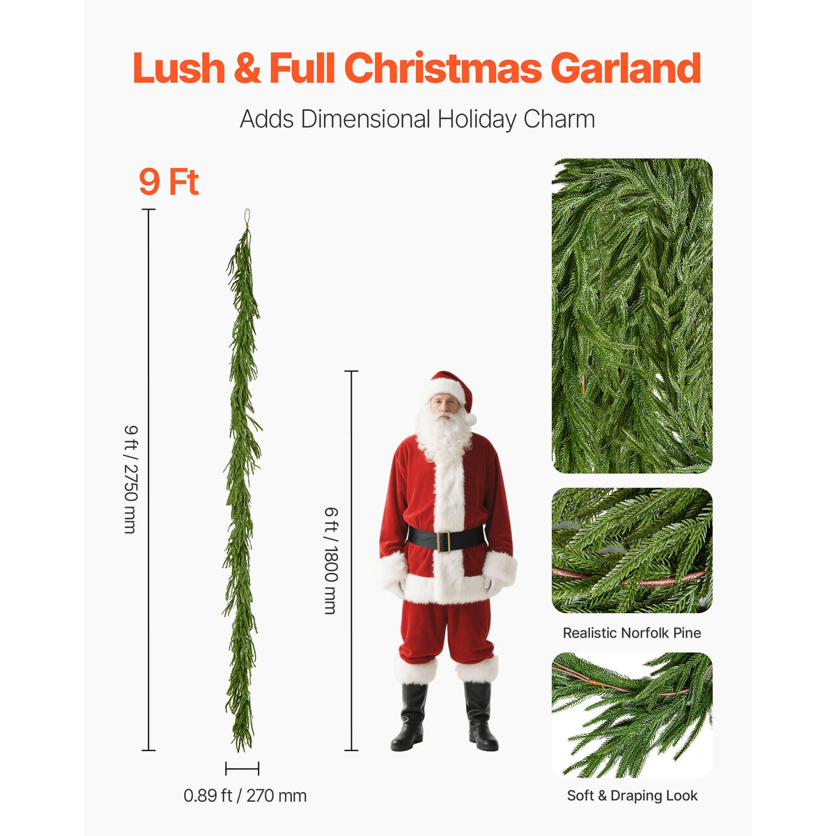 Christmas Garland, 2750 mm Realistic Norfolk Pine Garland, Evergreen Real Touch Artificial Faux Greenery Garlands, for Holiday Indoor Outdoor Xmas Decoration on Table, Mantel, and Fireplace