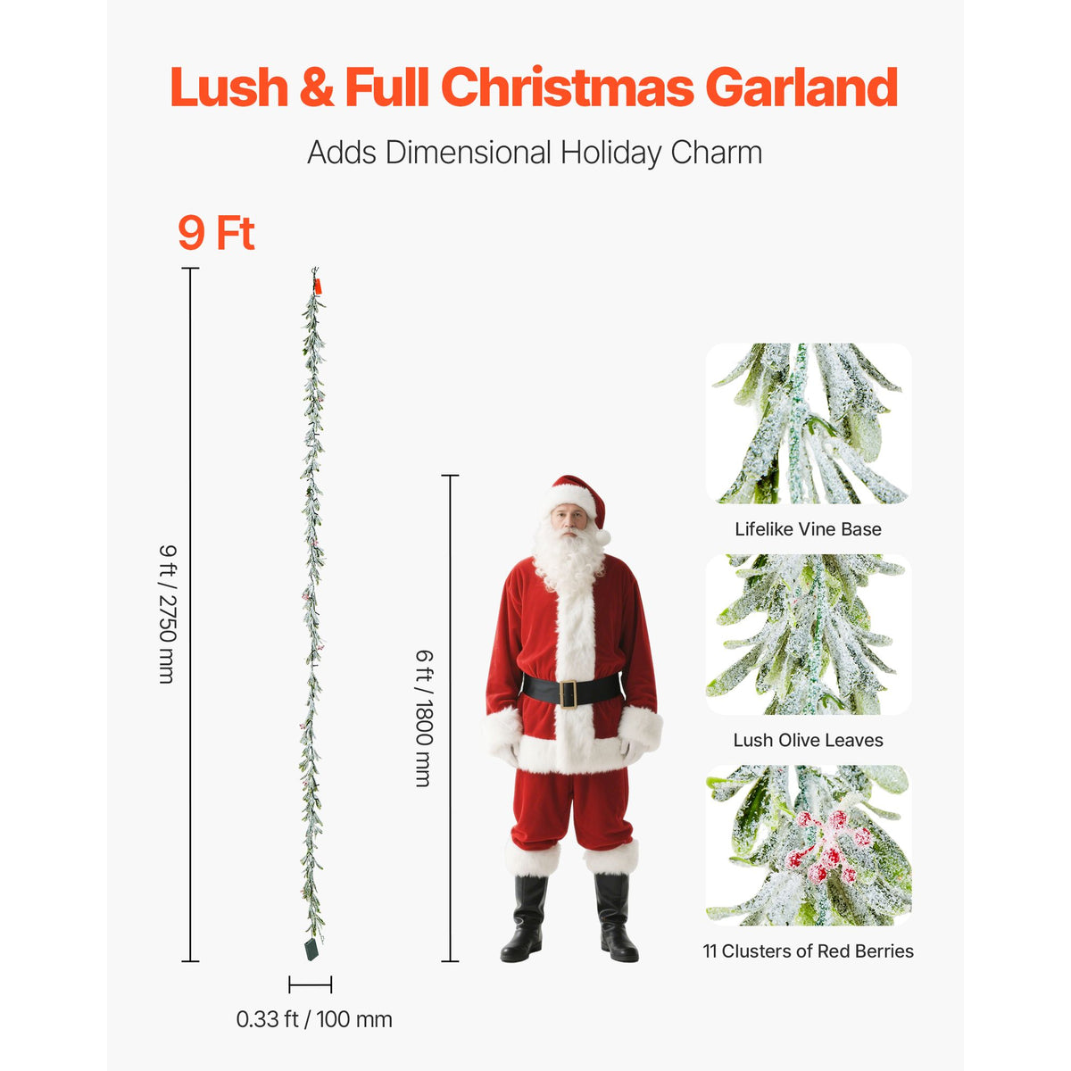 Christmas Garland, 2750 mm Realistic Greenery Decorated with Vines, Olive Leaves, and Berries, Evergreen Faux Garlands with Light String for Indoor Outdoor Xmas Decoration on Mantel Fireplace