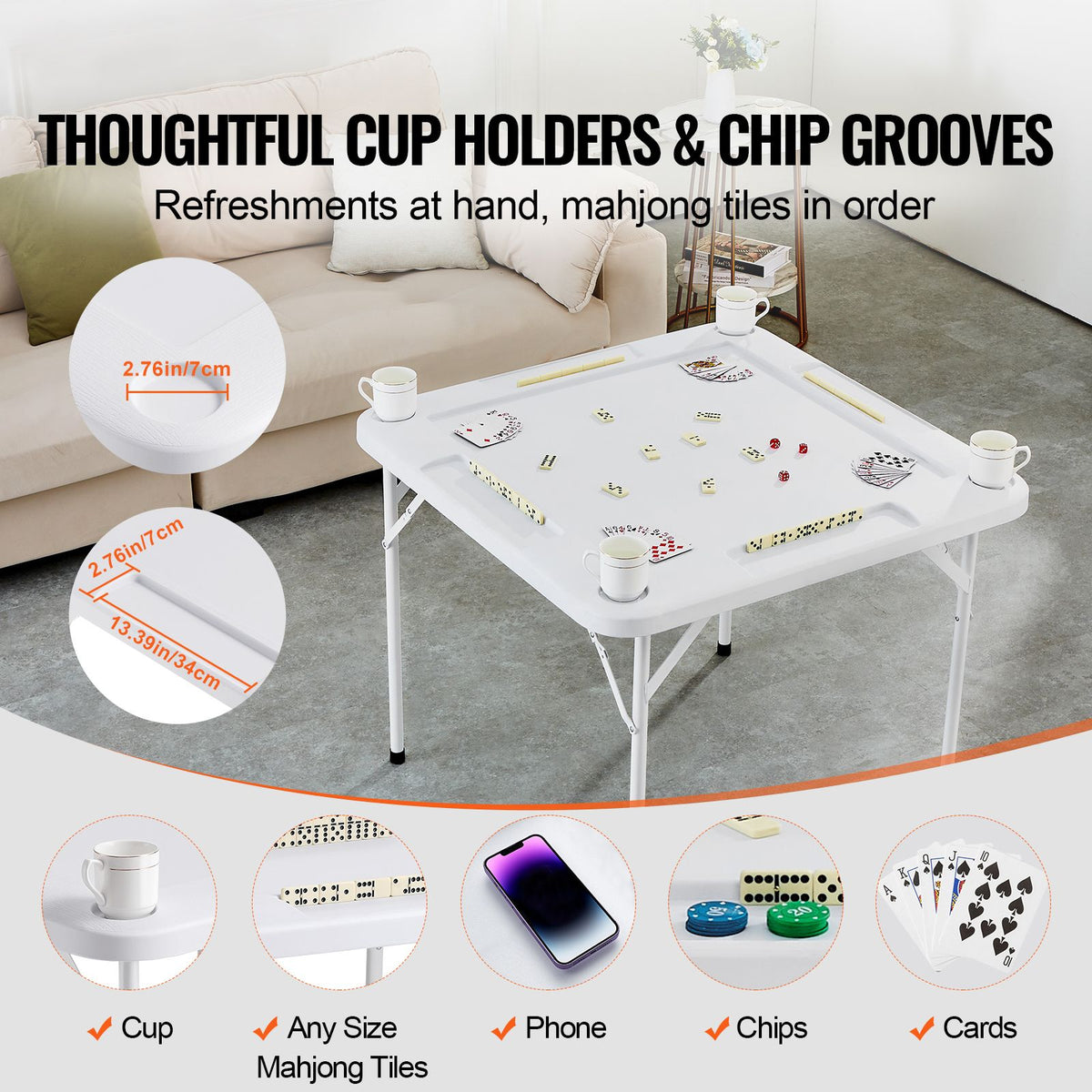 Mahjong Table, Square 4 Player Folding Card Table with 4 Cup Holders & 4 Chip Trays, Portable Domino Game Table with 1 Set of Dominoes for Mahjong Poker Puzzles, 90 x 90-inch, White