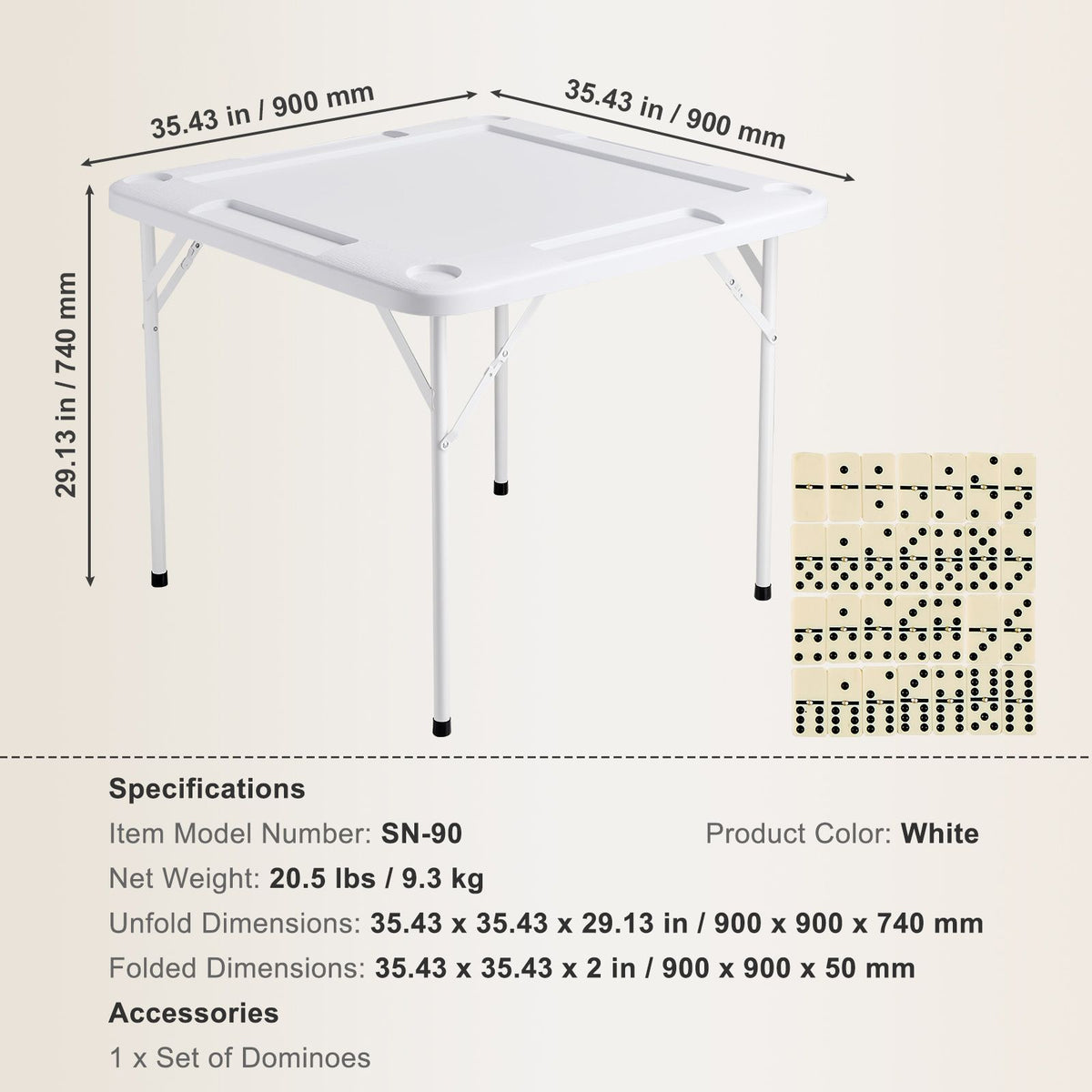 Mahjong Table, Square 4 Player Folding Card Table with 4 Cup Holders & 4 Chip Trays, Portable Domino Game Table with 1 Set of Dominoes for Mahjong Poker Puzzles, 90 x 90-inch, White