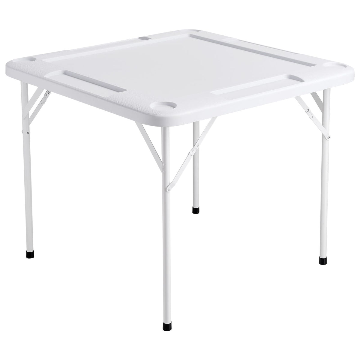 Mahjong Table, Square 4 Player Folding Card Table with 4 Cup Holders & 4 Chip Trays, Portable Domino Game Table with 1 Set of Dominoes for Mahjong Poker Puzzles, 90 x 90-inch, White