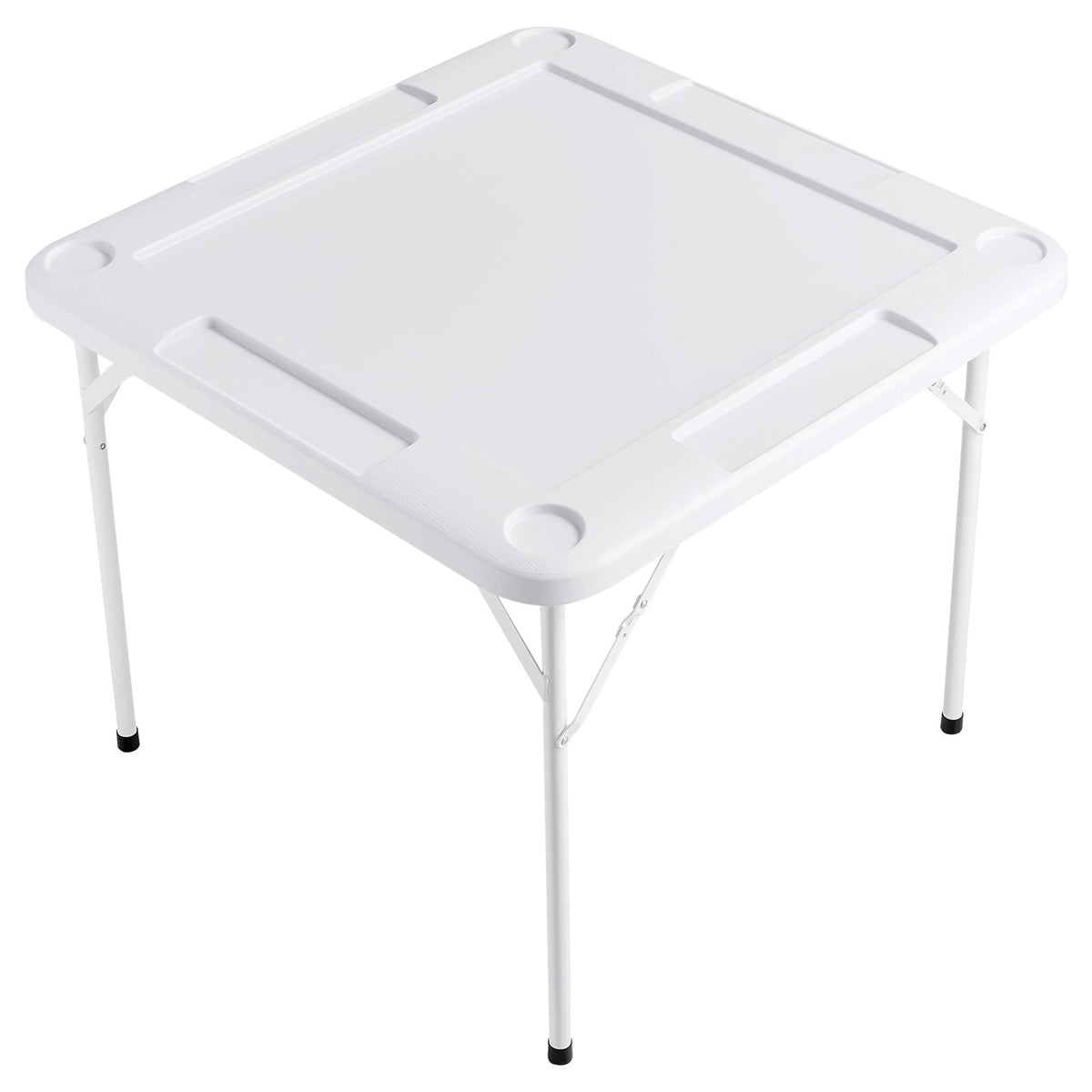 Mahjong Table, Square 4 Player Folding Card Table with 4 Cup Holders & 4 Chip Trays, Portable Domino Game Table with 1 Set of Dominoes for Mahjong Poker Puzzles, 90 x 90-inch, White