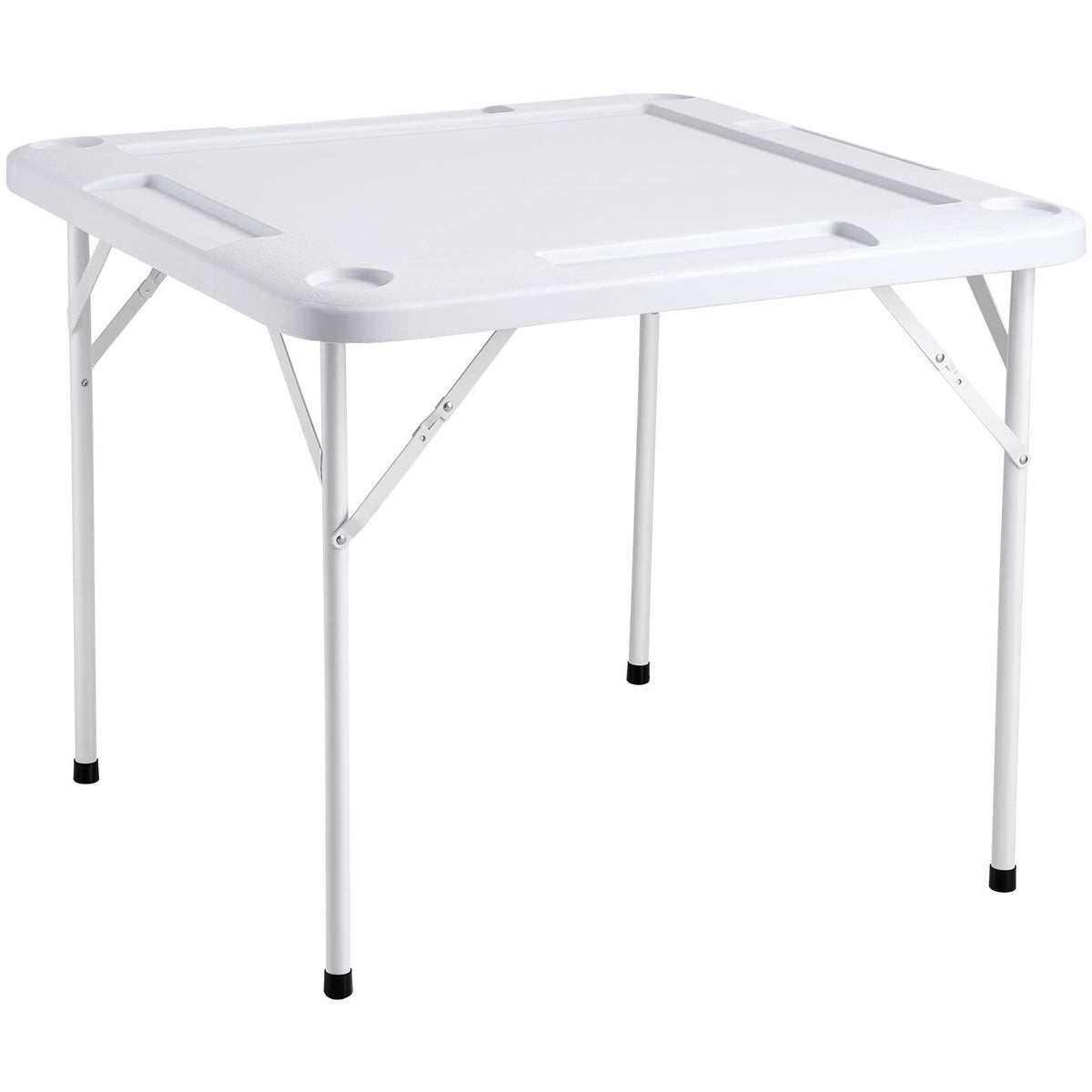 Mahjong Table, Square 4 Player Folding Card Table with 4 Cup Holders & 4 Chip Trays, Portable Domino Game Table with 1 Set of Dominoes for Mahjong Poker Puzzles, 90 x 90-inch, White