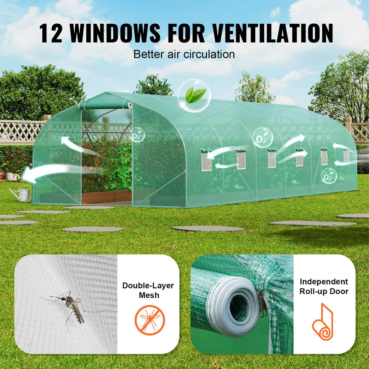Walk-in Tunnel Greenhouse, 29.5x9.8x6.6 ft Hoop House Greenhouse Tunnel, Peaked Roof Plant Hot House with Galvanized Steel Frame, Green PE Cover, Roll-up Zipper Door and 12 Windows for Outdoor