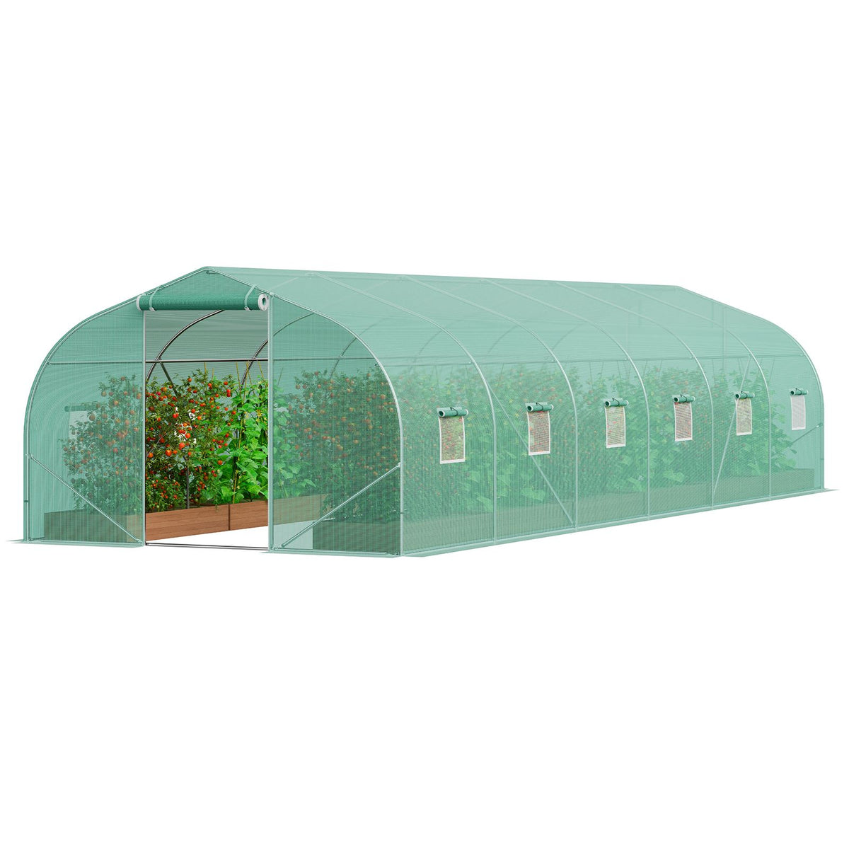 Walk-in Tunnel Greenhouse, 29.5x9.8x6.6 ft Hoop House Greenhouse Tunnel, Peaked Roof Plant Hot House with Galvanized Steel Frame, Green PE Cover, Roll-up Zipper Door and 12 Windows for Outdoor