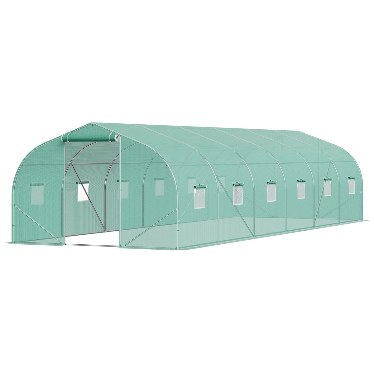 Walk-in Tunnel Greenhouse, 29.5x9.8x6.6 ft Hoop House Greenhouse Tunnel, Peaked Roof Plant Hot House with Galvanized Steel Frame, Green PE Cover, Roll-up Zipper Door and 12 Windows for Outdoor