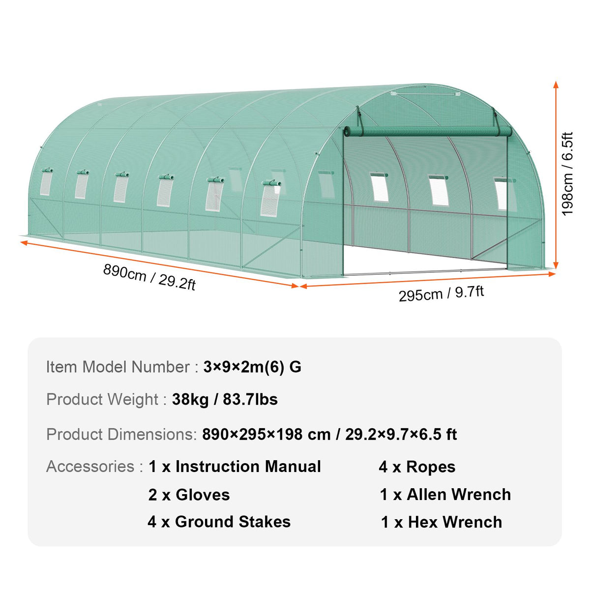 Walk-in Tunnel Greenhouse 29.2x9.7x6.5ft Galvanized Frame PE Cover Green