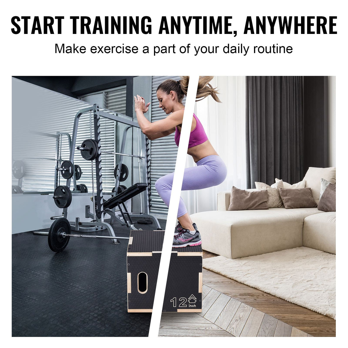 3 in 1 Plyometric Jump Box, 16/14/12 Inch Wooden Plyo Box, Platform & Jumping Agility Box, Anti-Slip Fitness Exercise Step Up Box for Home Gym Training, Conditioning Strength Training, Black
