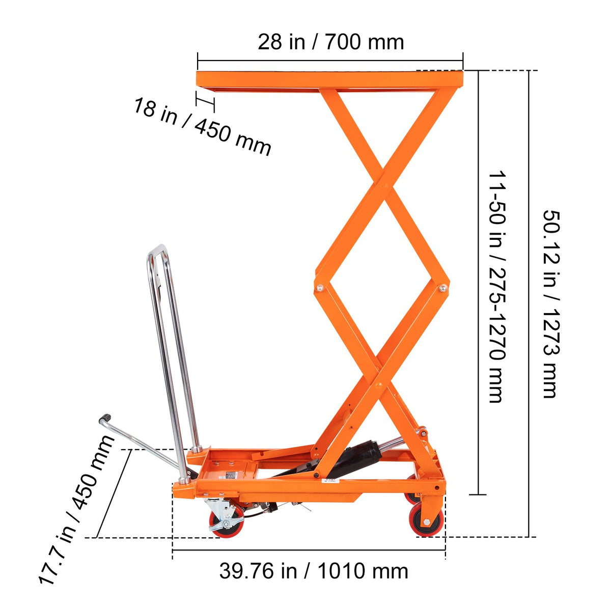 Hydraulic Lift Table Cart, 330lbs Capacity 50" Lifting Height, Manual Double Scissor Lift Table with 4 Wheels and Non-slip Pad, Hydraulic Scissor Cart for Material Handling and Transportation