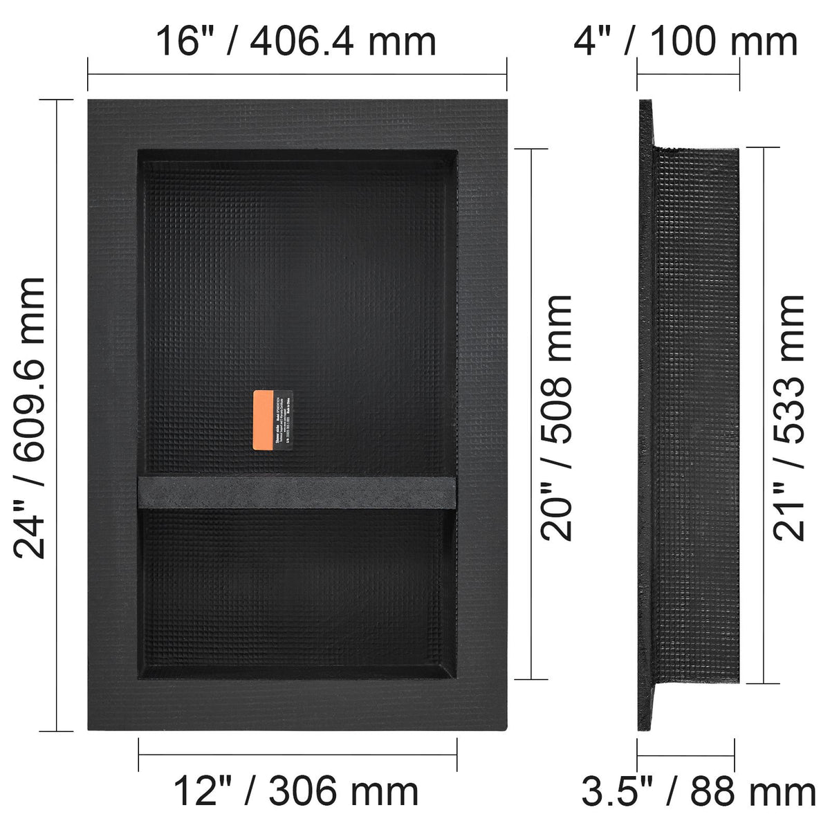 Shower Niche Ready for Tile 40.64 x 60.96 cm, 16 x 24 inch Double Shelf Organizer, Square Corners Wall-inserted Niche Recessed, Sealed Protection Modern Soap Storage Niche for Shower Bathroom, Black