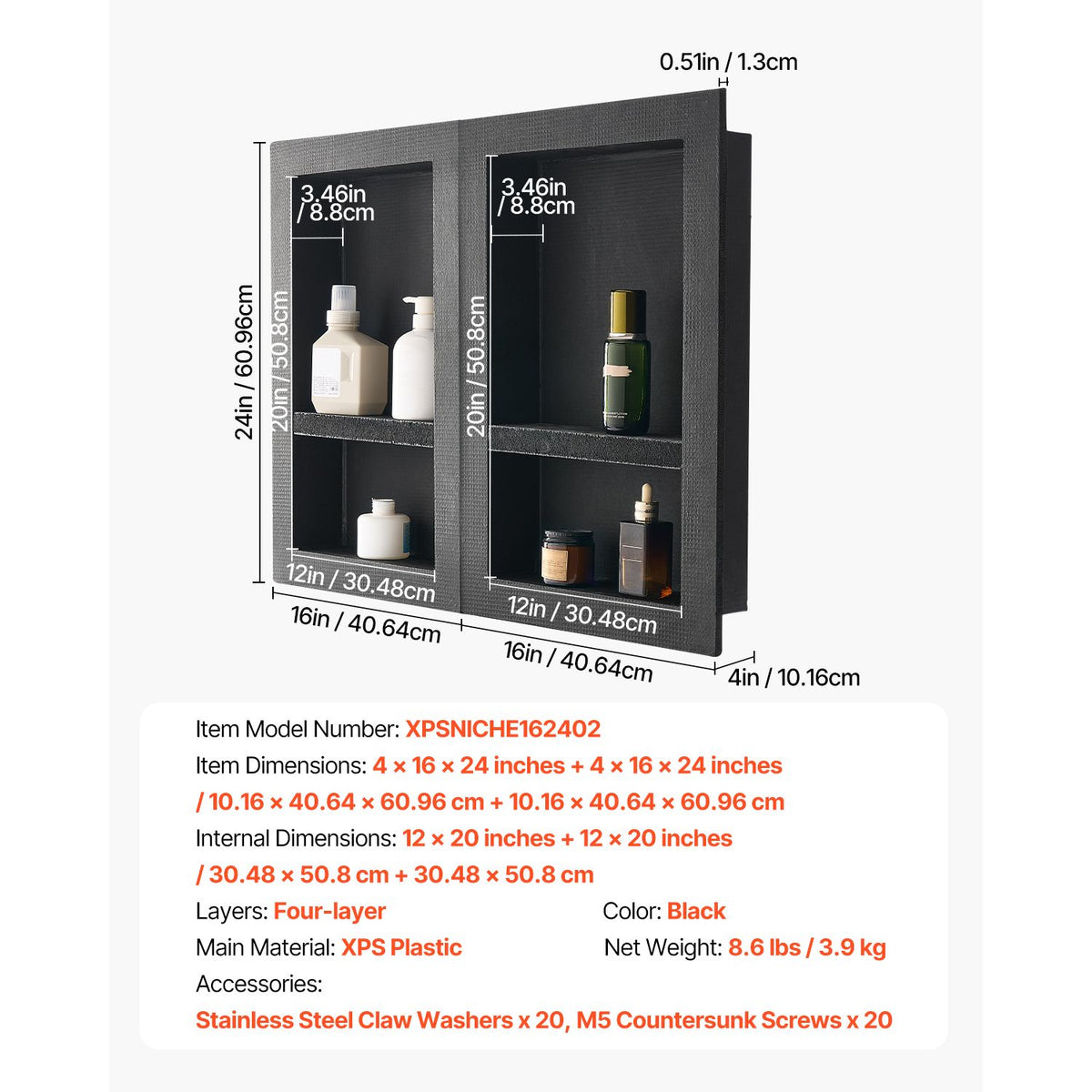 Shower Niche 40.6 x 61+40.6 x 61 cm Recessed Wall Organizer Bathroom