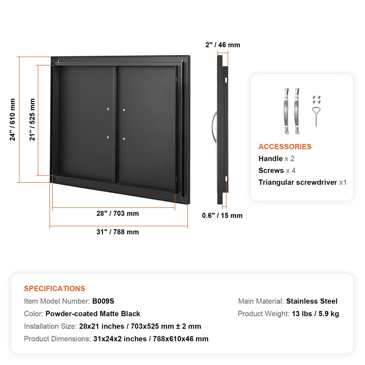 BBQ Access Door, 788x610 mm Double Outdoor Kitchen Door, Cold Plate Flush Mount Door, Wall Vertical Door with Handles, for BBQ Island, Grilling Station, Outside Cabinet