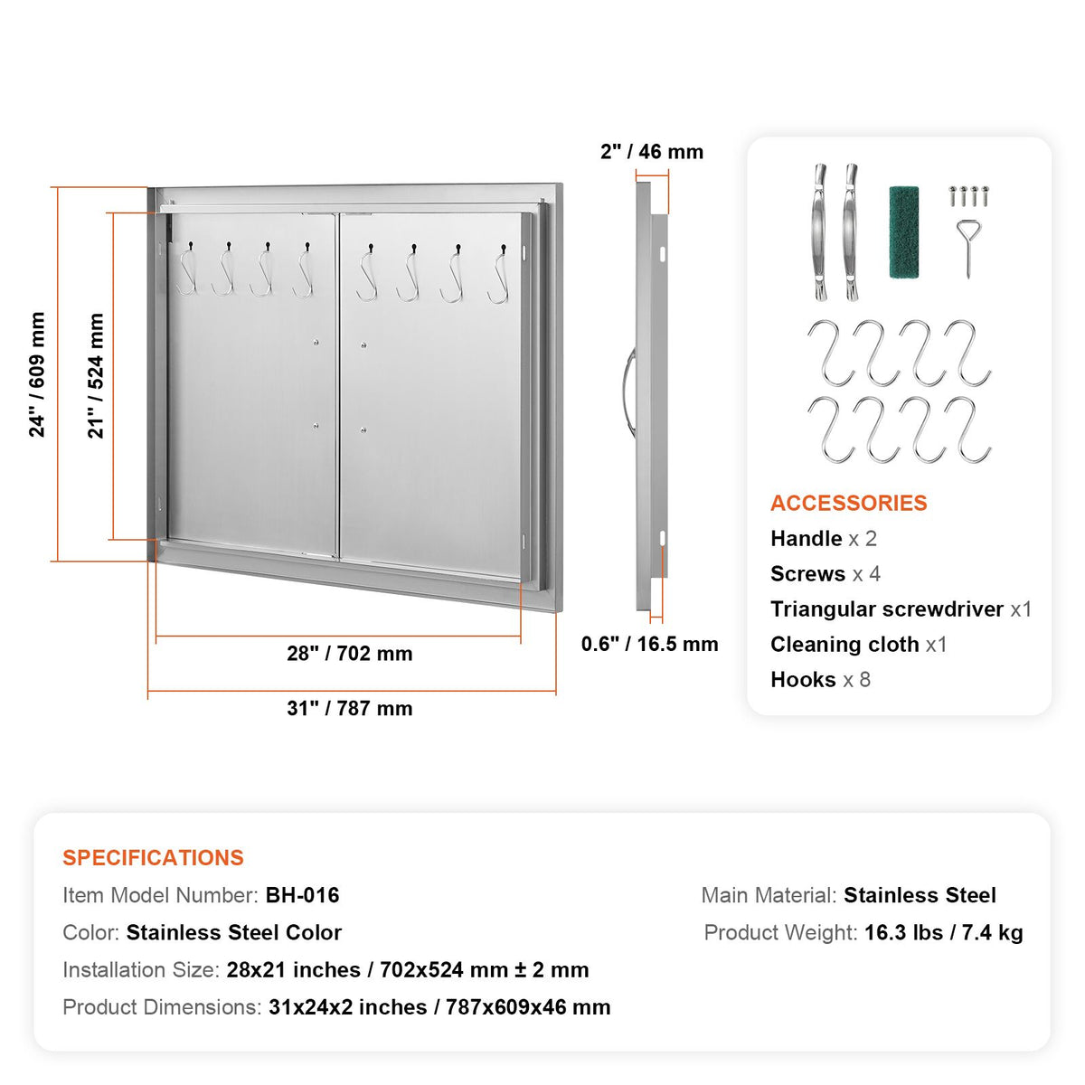 BBQ Access Door, 787x609 mm Double Outdoor Kitchen Door, Stainless Steel Flush Mount Door, Double Wall Vertical Door with Handles and Hooks, for BBQ Island, Grilling Station, Outside Cabinet