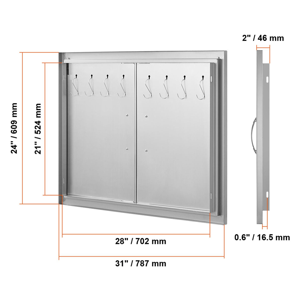 BBQ Access Door, 787x609 mm Double Outdoor Kitchen Door, Stainless Steel Flush Mount Door, Double Wall Vertical Door with Handles and Hooks, for BBQ Island, Grilling Station, Outside Cabinet