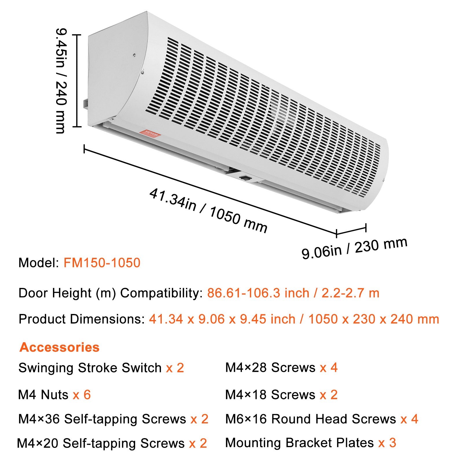 VEVOR 1.1m Commercial Indoor Air Curtain Super Power 2 Speeds 2292m_/h, UL Certified Wall Mounted Air Curtains for Doors, Indoor Over Door Fan with Heavy Duty Limit Switch, Easy-Install Unheated