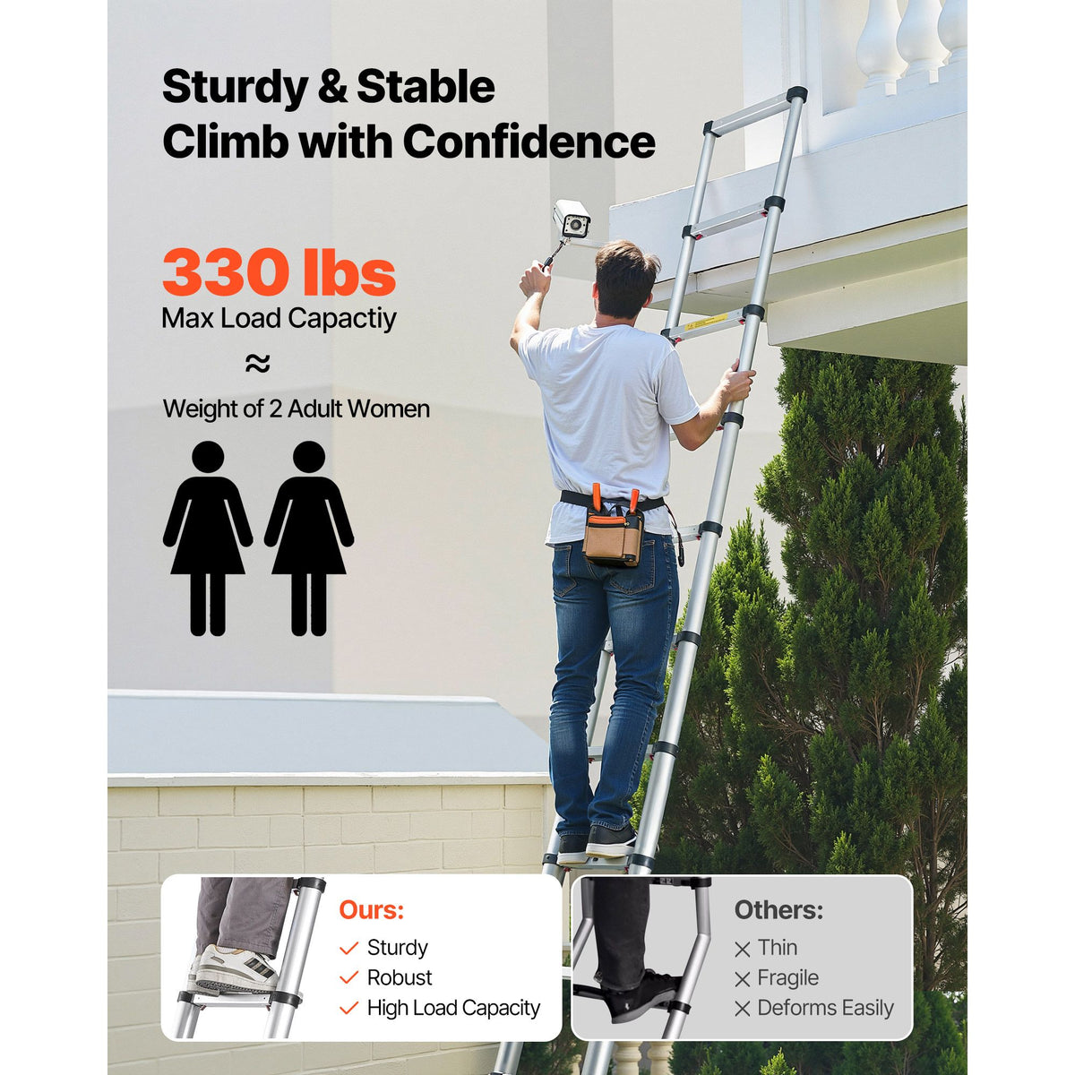 3.8m Telescoping Ladder, Aluminum Lightweight Multi-Purpose Collapsible Extension, One-Touch Retraction Ladder, Heavy Duty 150kg Max Capacity with Non-Slip Feet, for Home, Outdoor Work, Loft