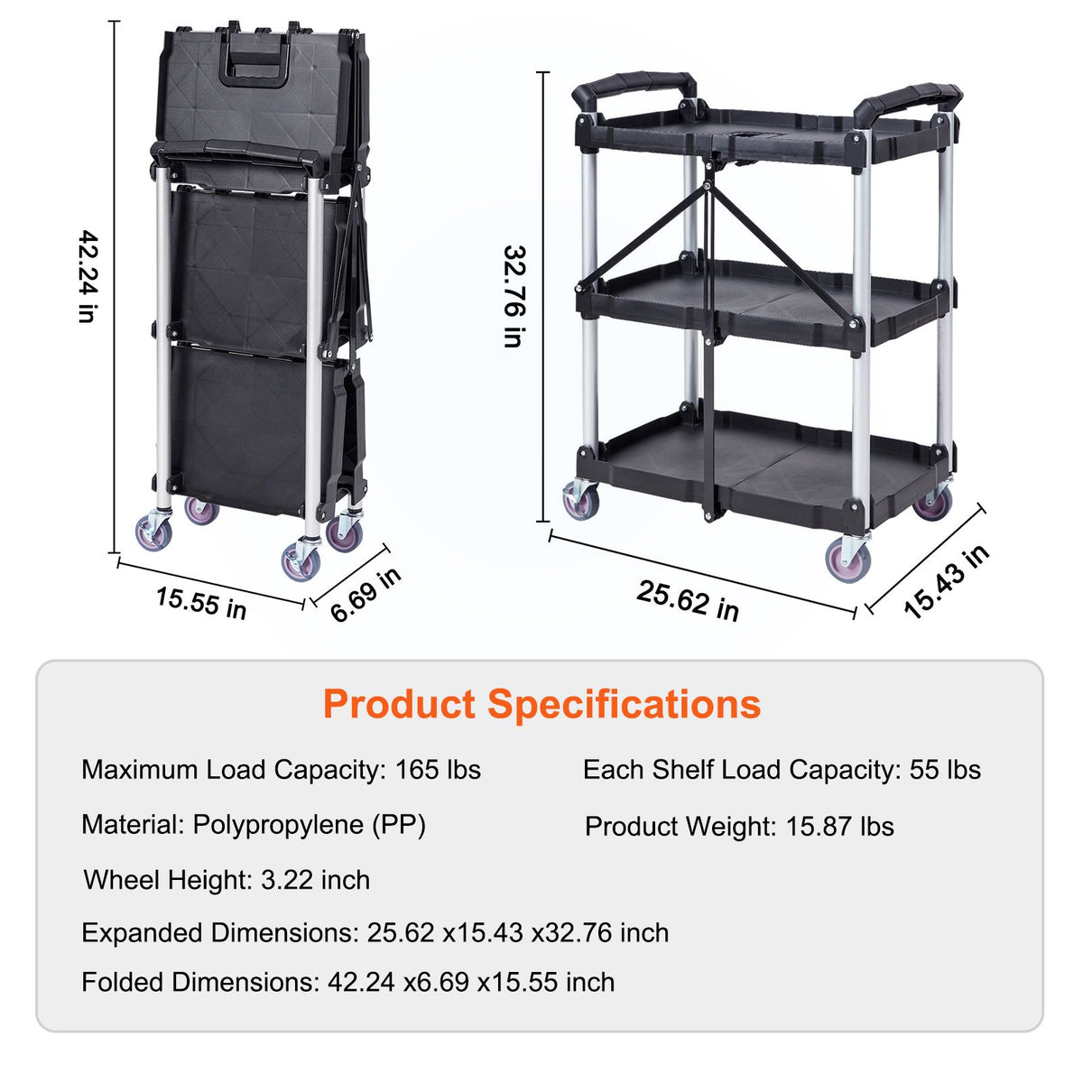 Foldable Utility Service Cart, 3 Shelf 165LBS Heavy Duty Plastic Rolling Cart with Lockable Wheels, Ergonomic Handle, Portable Garage Tool Cart for Warehouse/Office/Home(25.62"x15.43"x32.76")