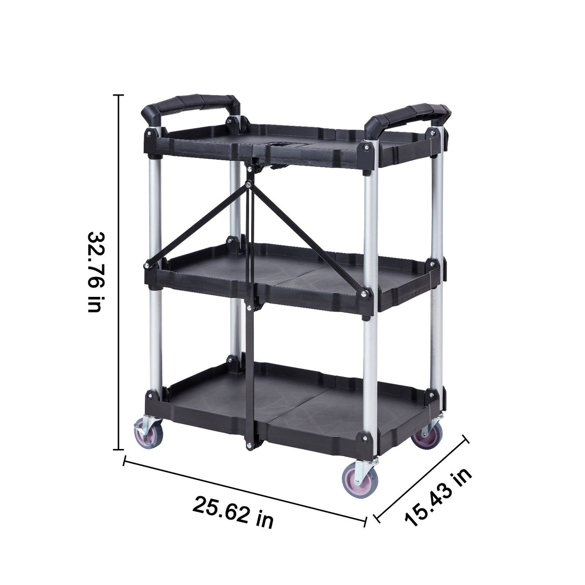 Foldable Utility Service Cart, 3 Shelf 165LBS Heavy Duty Plastic Rolling Cart with Lockable Wheels, Ergonomic Handle, Portable Garage Tool Cart for Warehouse/Office/Home(25.62"x15.43"x32.76")