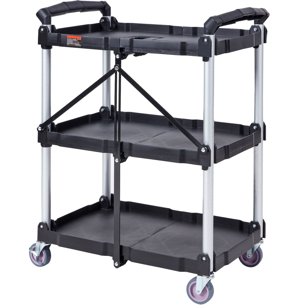 Foldable Utility Service Cart, 3 Shelf 165LBS Heavy Duty Plastic Rolling Cart with Lockable Wheels, Ergonomic Handle, Portable Garage Tool Cart for Warehouse/Office/Home(25.62"x15.43"x32.76")
