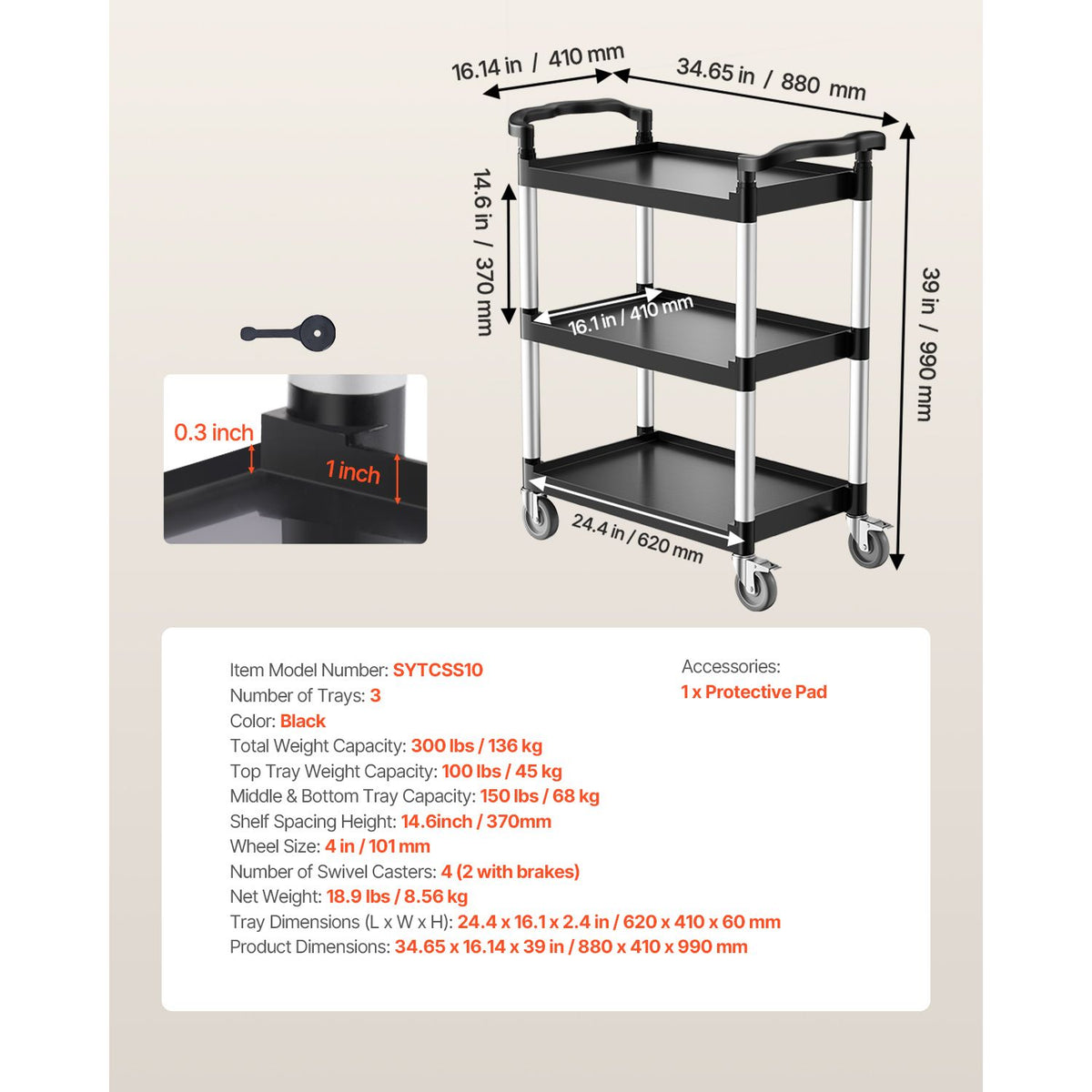 Utility Cart, 300 lbs Load Capacity, 3-tier Utility Plastic Cart with 360° Swivel Wheels (2 with Brakes), 24.4 x 16.1-inch Food Service Cart for Warehouse, Office, Home, Restaurant, Kitchen