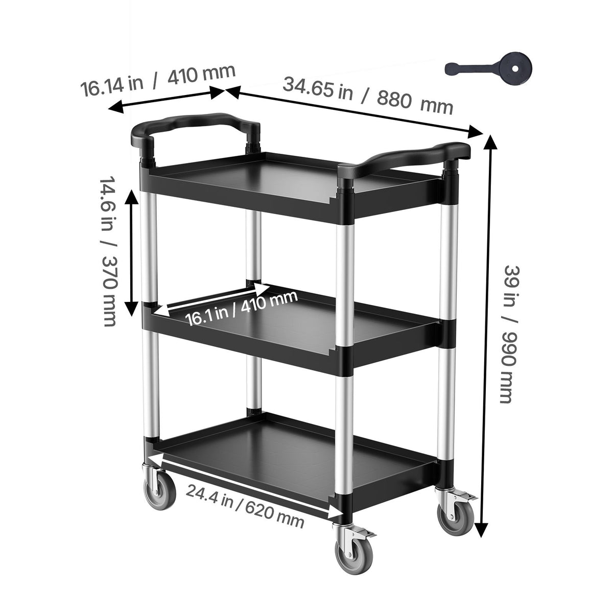 Utility Cart, 300 lbs Load Capacity, 3-tier Utility Plastic Cart with 360° Swivel Wheels (2 with Brakes), 24.4 x 16.1-inch Food Service Cart for Warehouse, Office, Home, Restaurant, Kitchen