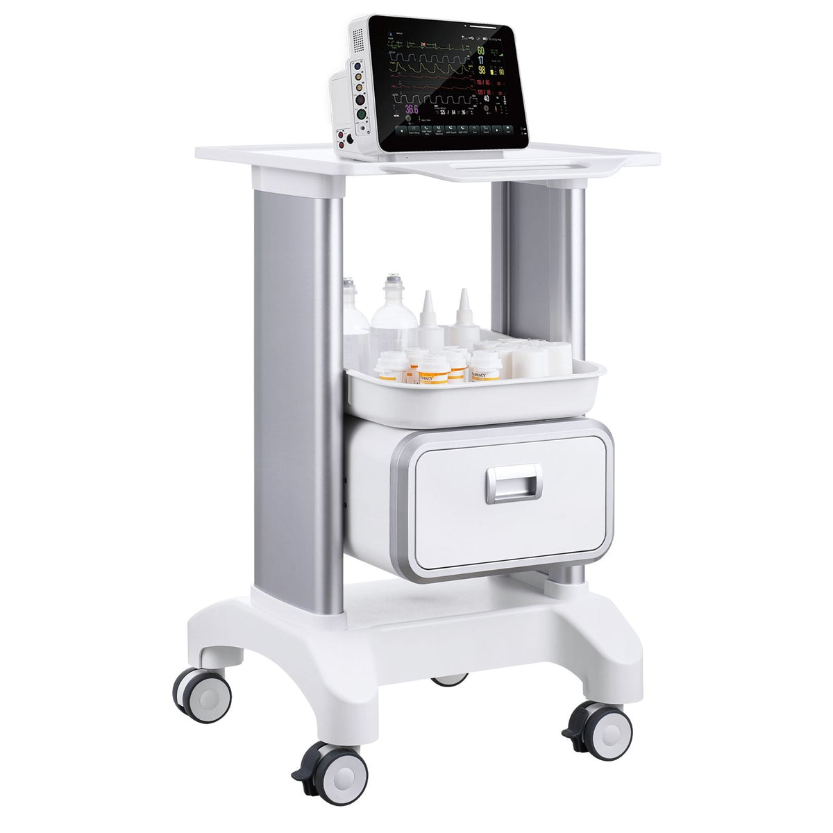 2 Tiers Lab Carts Mobile Medical Cart with 1 Drawer & 1 Top Tray White