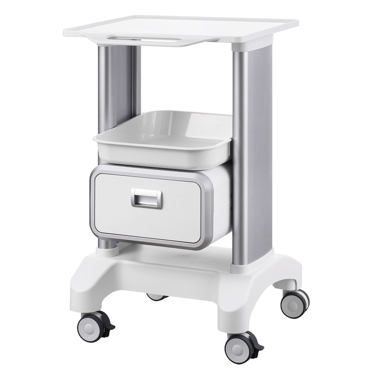 2 Tiers Lab Carts Mobile Medical Cart with 1 Drawer & 1 Top Tray White