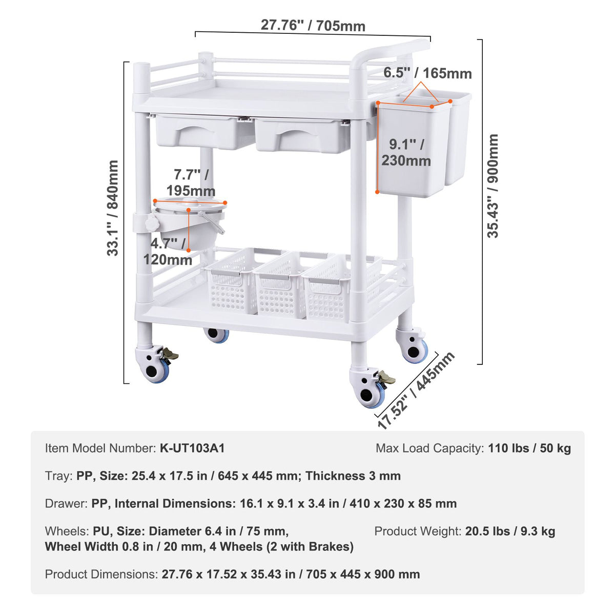 2 Tiers Lab Carts, Lab Utility Cart with 2 Trays, 2 Drawers & 4 Silent Wheels, Mobile Medical Cart with PP Material, Lab Rolling Cart with 3 Trash Cans for Lab, Clinic, Hospital, Salon, White