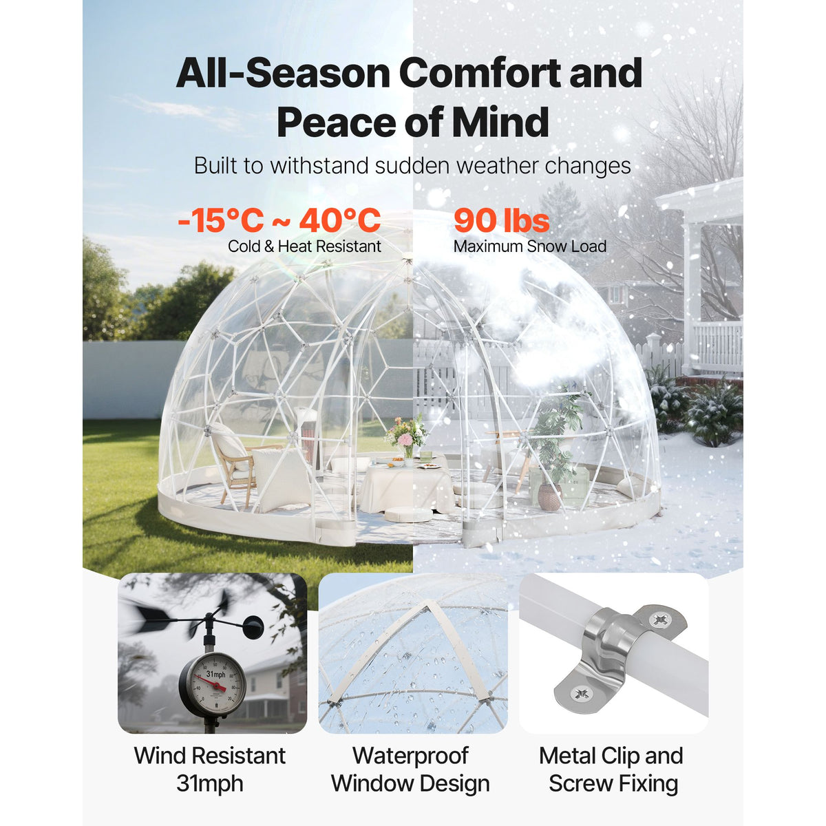 Garden Dome Tent, 2.9 x 1.75 m Outdoor Clear Bubble Tent for 2-4 Person, Weatherproof Geodesic Dome Greenhouse with Window, PVC Igloo Tents for Backyard Patios Camping Party Wedding
