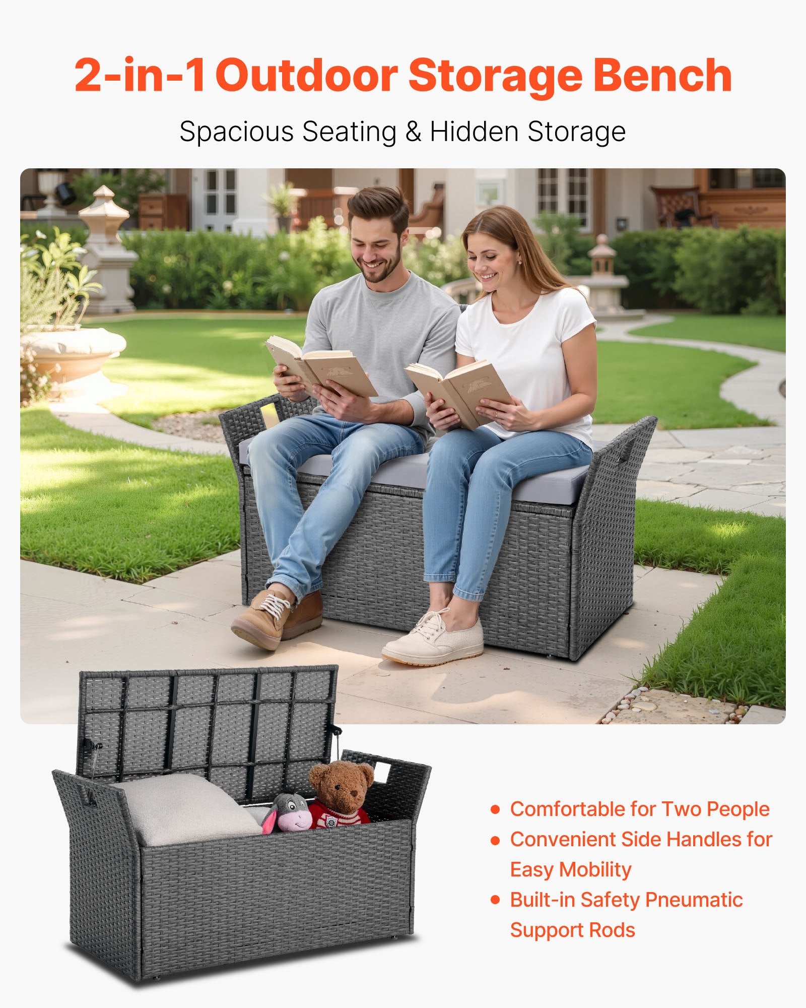 VEVOR Outdoor Storage Bench, 2-Person PE Rattan Storage Bench, 151L Deck Box with Cushion & Side Handle, Supports up to 181kg, Weatherproof Outdoor Seating & Porch Decor for Patio Garden Balcony