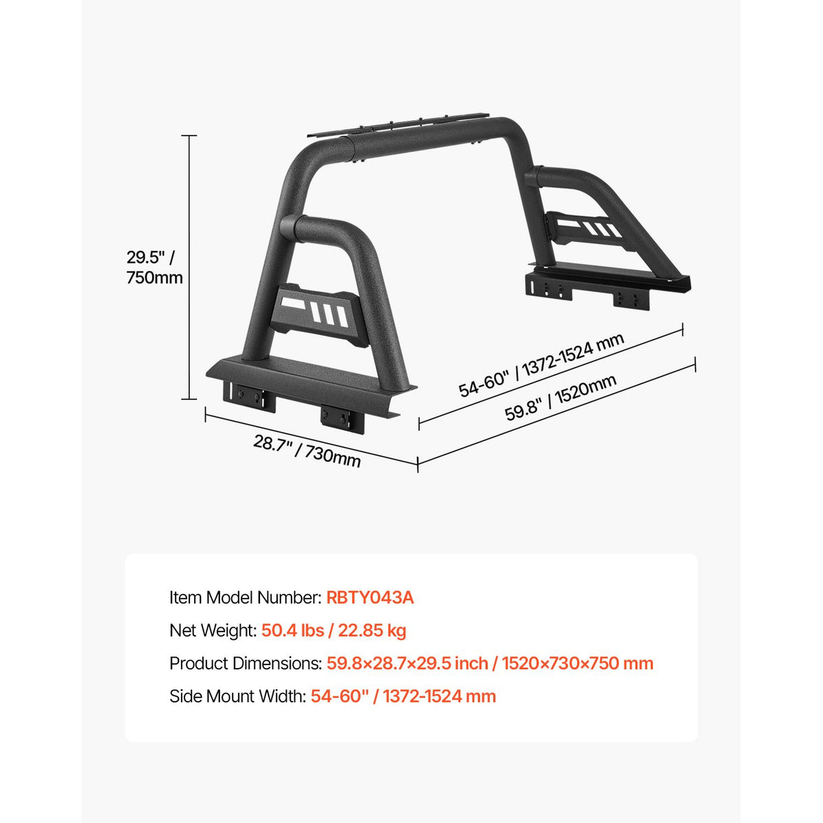 Truck Bed Roll Bar Universal Chase Rack for Mid-Size Pickup Carbon Steel