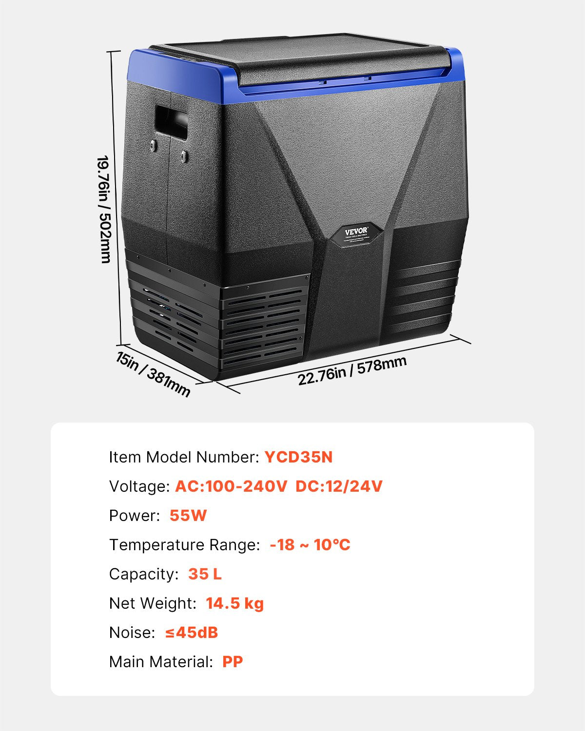 VEVOR Portable Car Refrigerator Freezer Compressor 35L Single Zone for Car Home