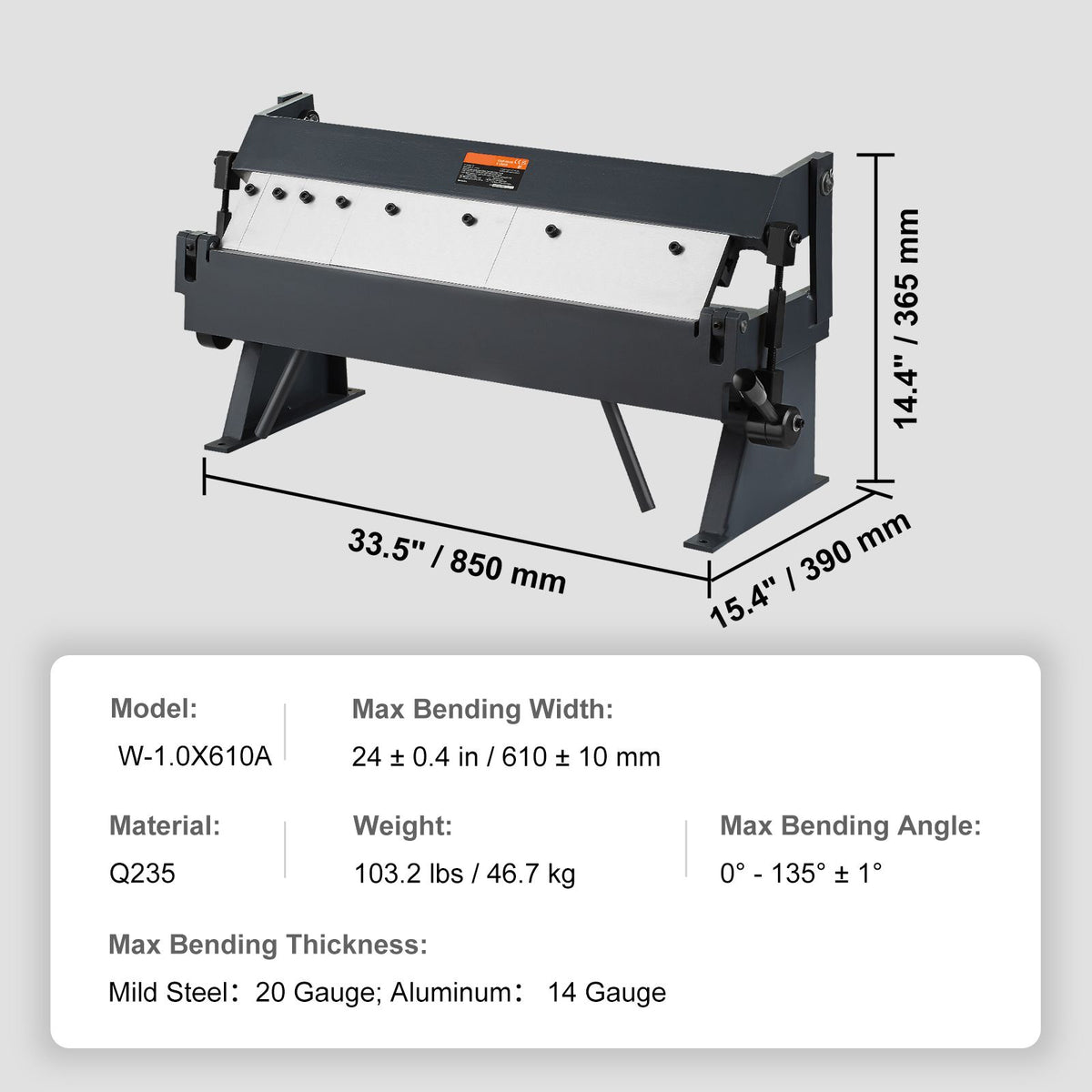Box and Pan Brake, 610 ± 10 mm, 0-130 Degrees Sheet Metal Bending Brake, Portable Metal Bender with 20 Gauge Low Carbon Steel 14 Gauge Aluminum Capacity, 5 Adjustable Fingers for Metal Bending