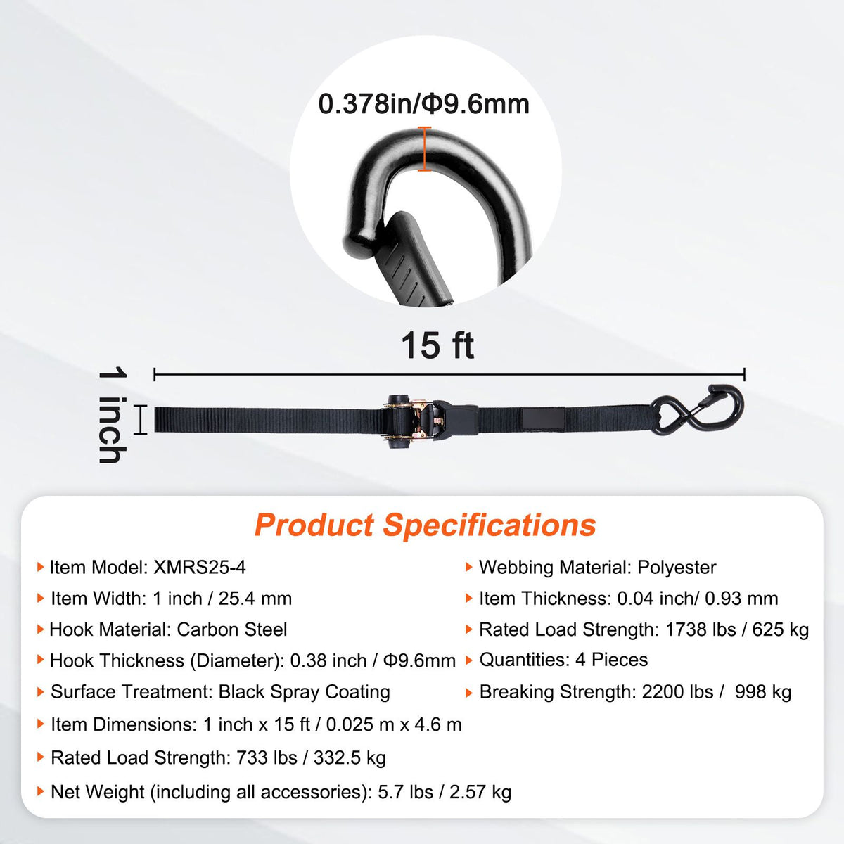 4 Pack Ratchet Tie Down Straps 2200 lbs 1"x15' Heavy Duty for Cargo