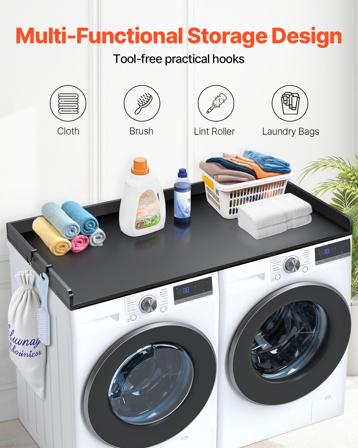 Washer Dryer Countertop, 54" x 27" Wooden Washer and Dryer Countertop, Water-Resistant Laundry Machine Topper Cover with Anti-Slip Pads, for Laundry Room Organization and Storage, Black
