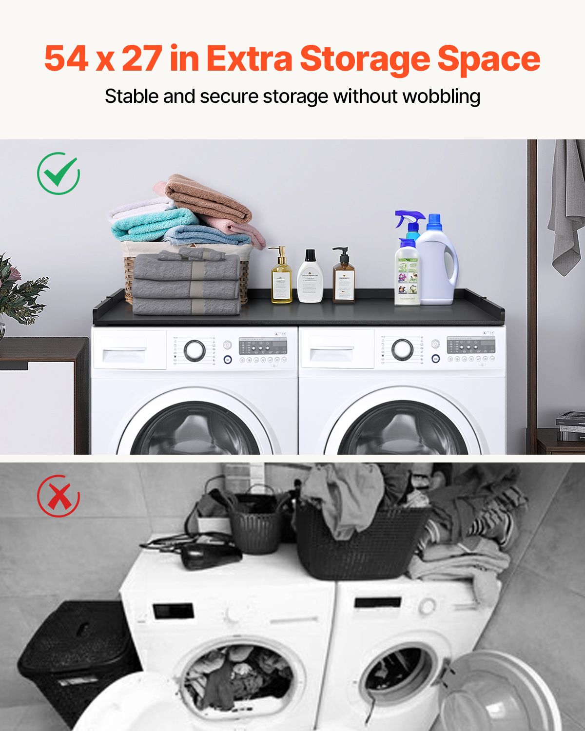Washer Dryer Countertop, 54" x 27" Wooden Washer and Dryer Countertop, Water-Resistant Laundry Machine Topper Cover with Anti-Slip Pads, for Laundry Room Organization and Storage, Black