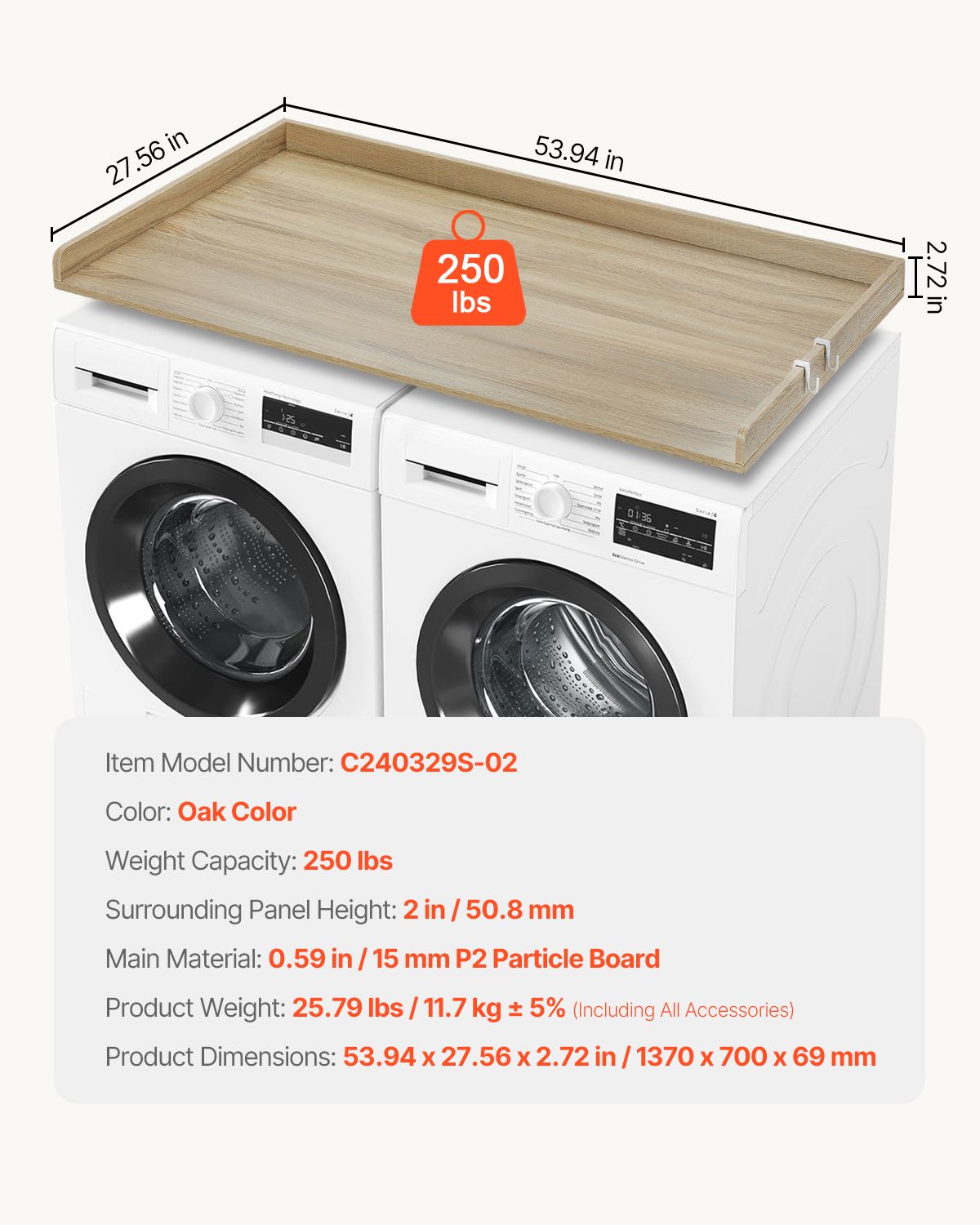Washer Dryer Countertop, 54" x 27" Wooden Washer and Dryer Countertop, Water-Resistant Laundry Machine Topper Cover with Anti-Slip Pads, for Laundry Room Organization and Storage, Oak