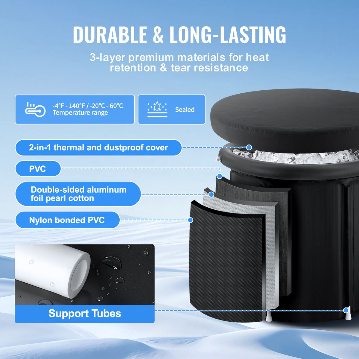 Ice Bath Tub, 80 cm Long Cold Water Therapy Plunge Tub for Athletes, Portable Outdoor Ice Barrel Plunge Pool for Recovery, 341L Inflatable Folding Bathtub with Cover, Home Ice Pod for Adult