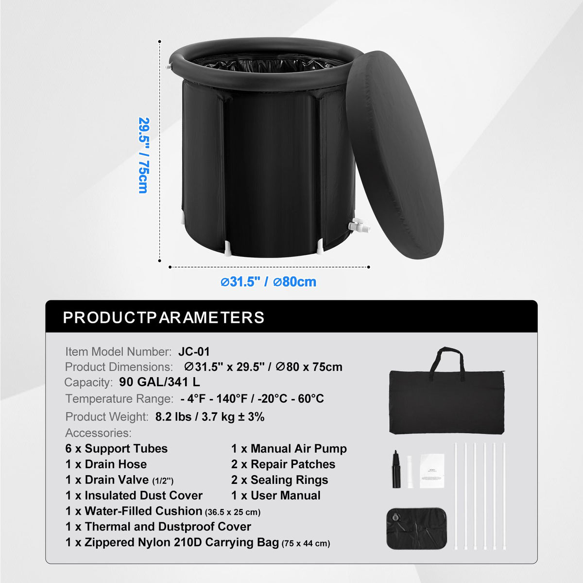 Ice Bath Tub, 80 cm Long Cold Water Therapy Plunge Tub for Athletes, Portable Outdoor Ice Barrel Plunge Pool for Recovery, 341L Inflatable Folding Bathtub with Cover, Home Ice Pod for Adult