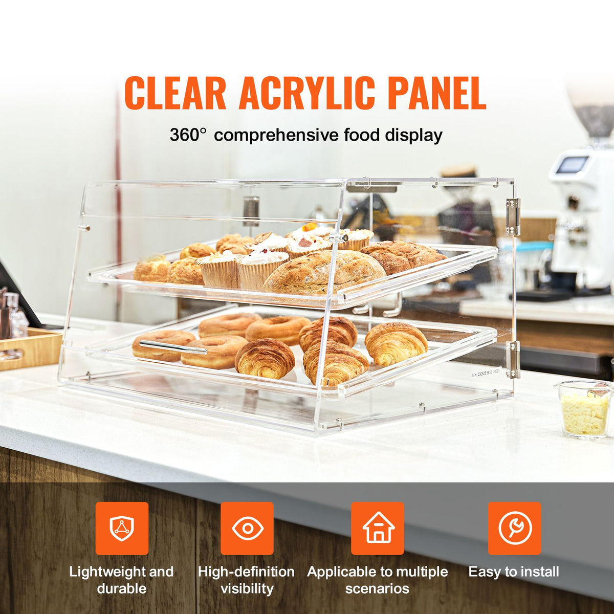 Pastry Display Case, 2-Tier Commercial Countertop Bakery Display Case, Acrylic Display Box with Rear Door Access & Removable Shelves, Keep Fresh for Donut Bagels Cake Cookie